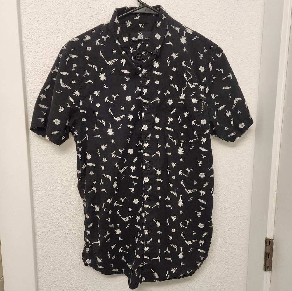Molokai Surf Co Black Beach Novelty Print Button Down Hawaiian Shirt